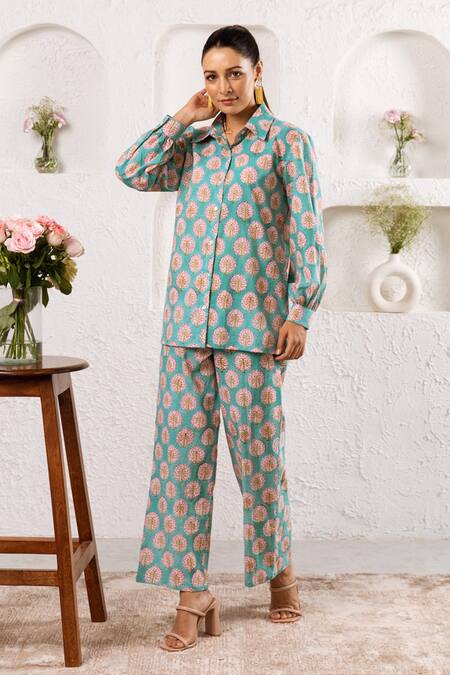 Buy_Rivaaj Clothing_Blue Palm Pattern Shirt And Pant Set _Online_at_Aza_Fashions