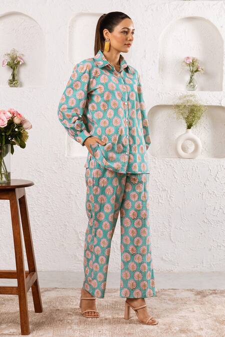Shop_Rivaaj Clothing_Blue Palm Pattern Shirt And Pant Set _Online_at_Aza_Fashions