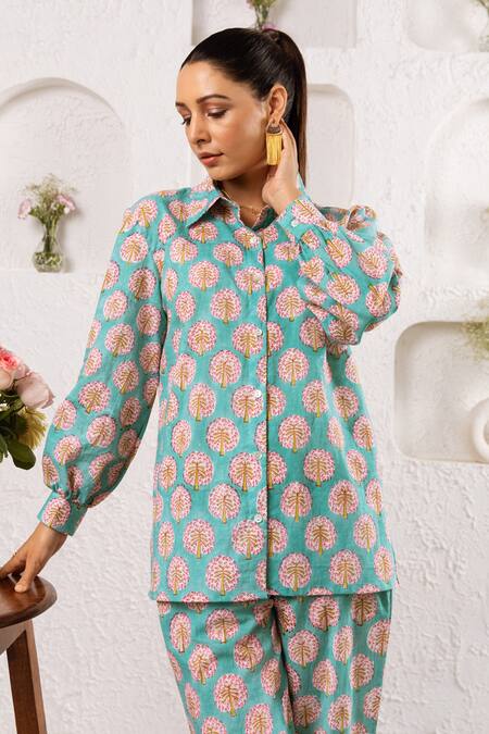 Rivaaj Clothing_Blue Palm Pattern Shirt And Pant Set _at_Aza_Fashions