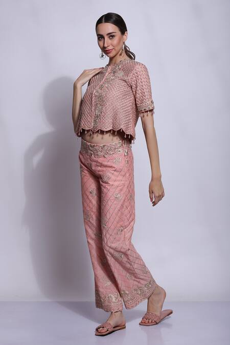 Buy_Sonali Gupta_Peach 25% Silk Hand Embroidered Mughal Jaal Round Short Top And Pant Set  _Online_at_Aza_Fashions