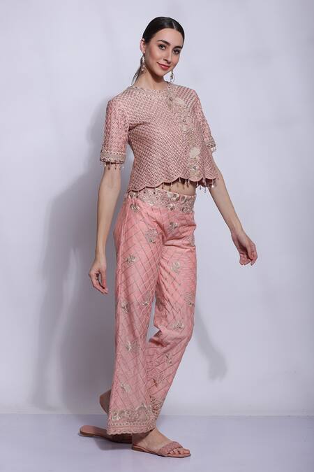 Shop_Sonali Gupta_Peach 25% Silk Hand Embroidered Mughal Jaal Round Short Top And Pant Set  _Online_at_Aza_Fashions