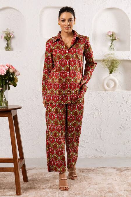 Rivaaj Clothing_Red Cotton Bloom Print Pant Set _Online_at_Aza_Fashions