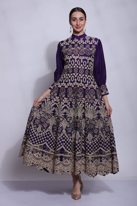 Sonali Gupta_Purple 25% Silk Embroidered Mughal Jaal Collared Neck Anarkali  _Online_at_Aza_Fashions