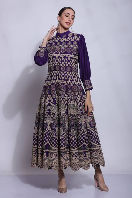 Buy_Sonali Gupta_Purple 25% Silk Embroidered Mughal Jaal Collared Neck Anarkali  _Online_at_Aza_Fashions