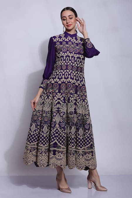 Shop_Sonali Gupta_Purple 25% Silk Embroidered Mughal Jaal Collared Neck Anarkali  _Online_at_Aza_Fashions