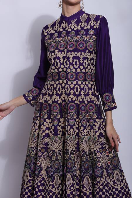 Sonali Gupta_Purple 25% Silk Embroidered Mughal Jaal Collared Neck Anarkali  _at_Aza_Fashions