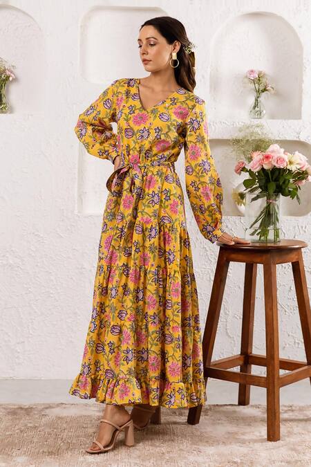 Buy_Rivaaj Clothing_Yellow Cotton Garden Print Maxi Dress _Online_at_Aza_Fashions