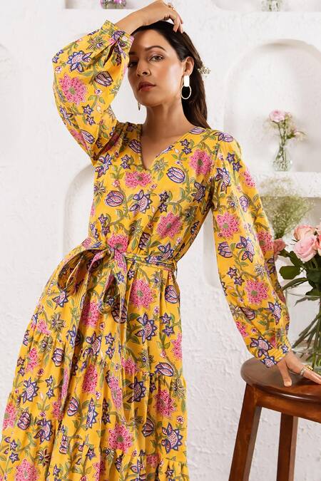 Shop_Rivaaj Clothing_Yellow Cotton Garden Print Maxi Dress _Online_at_Aza_Fashions