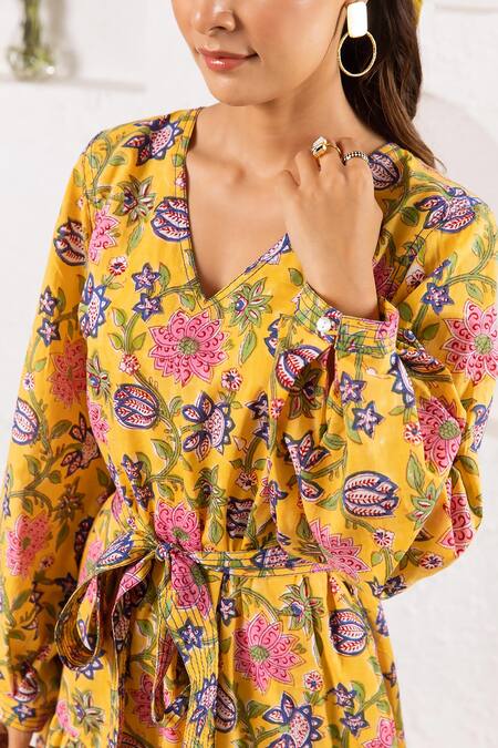 Rivaaj Clothing_Yellow Cotton Garden Print Maxi Dress _at_Aza_Fashions