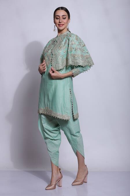 Sonali Gupta_Green Cotton, Silk Collared Embroidered Cape And Kurta Set _Online_at_Aza_Fashions