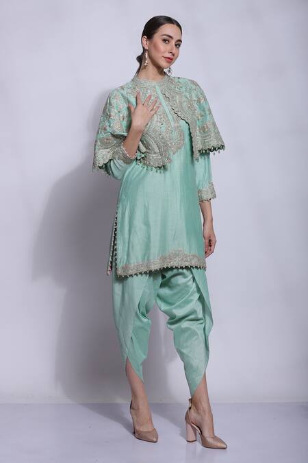 Buy_Sonali Gupta_Green Cotton, Silk Collared Embroidered Cape And Kurta Set _Online_at_Aza_Fashions