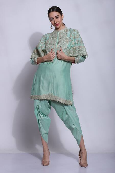 Shop_Sonali Gupta_Green Cotton, Silk Collared Embroidered Cape And Kurta Set _Online_at_Aza_Fashions