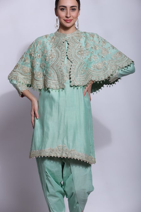 Sonali Gupta_Green Cotton, Silk Collared Embroidered Cape And Kurta Set _at_Aza_Fashions