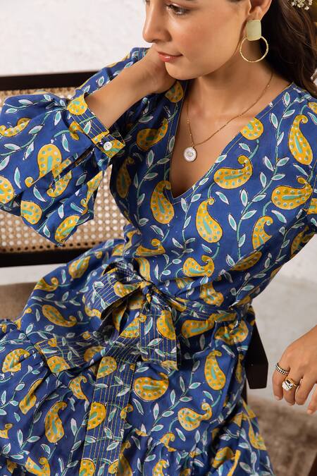 Rivaaj Clothing_Blue Paisley Print Maxi Dress _at_Aza_Fashions