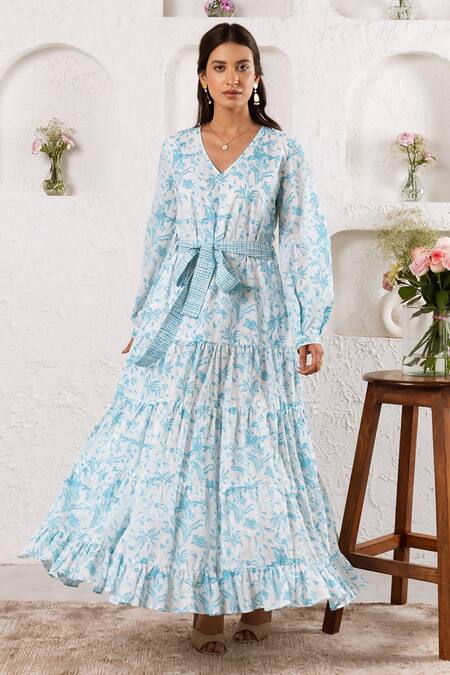 Rivaaj Clothing_Blue Floral Print Maxi Dress _Online_at_Aza_Fashions