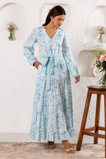 Buy_Rivaaj Clothing_Blue Floral Print Maxi Dress _Online_at_Aza_Fashions