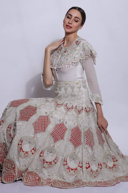 Sonali Gupta_White Silk, Viscose Embroidery, Beads, Sequins Round Hand Blouse Lehenga Set _at_Aza_Fashions