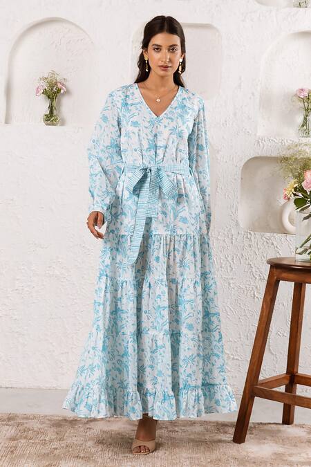 Shop_Rivaaj Clothing_Blue Floral Print Maxi Dress _Online_at_Aza_Fashions
