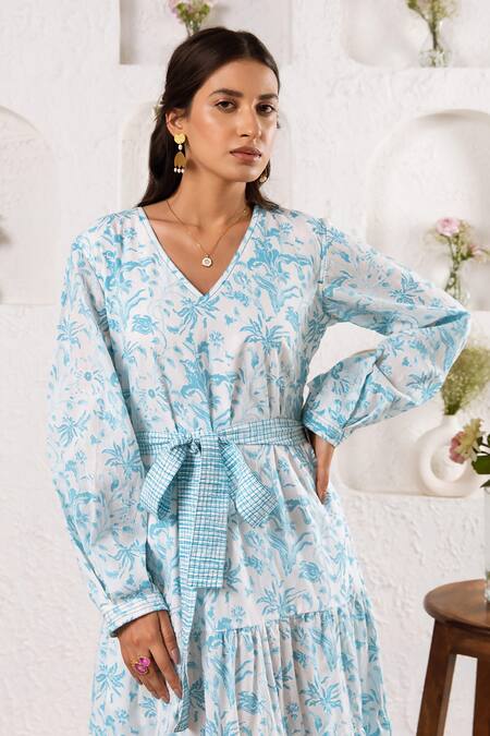 Rivaaj Clothing_Blue Floral Print Maxi Dress _at_Aza_Fashions