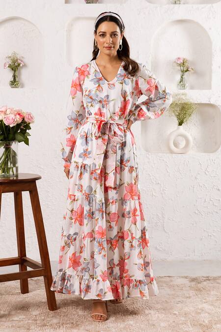 Buy_Rivaaj Clothing_White Floral Print Maxi Dress _Online_at_Aza_Fashions