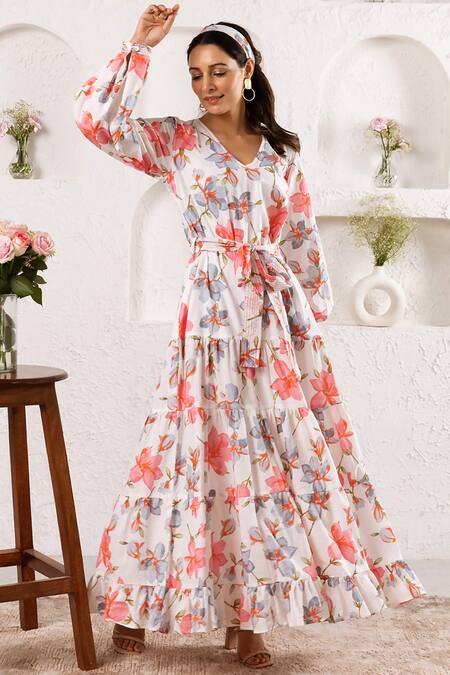 Shop_Rivaaj Clothing_White Floral Print Maxi Dress _Online_at_Aza_Fashions