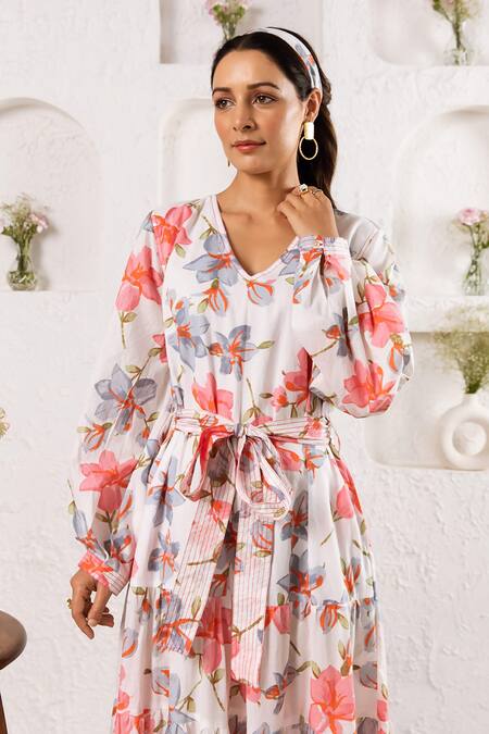 Rivaaj Clothing_White Floral Print Maxi Dress _at_Aza_Fashions