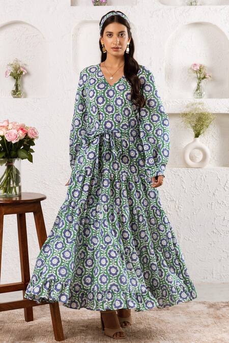 Rivaaj Clothing_Green Bloom Print Maxi Dress _Online_at_Aza_Fashions
