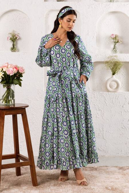 Buy_Rivaaj Clothing_Green Bloom Print Maxi Dress _Online_at_Aza_Fashions