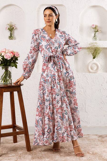 Buy_Rivaaj Clothing_White Cotton Bloom Pattern Maxi Dress _Online_at_Aza_Fashions