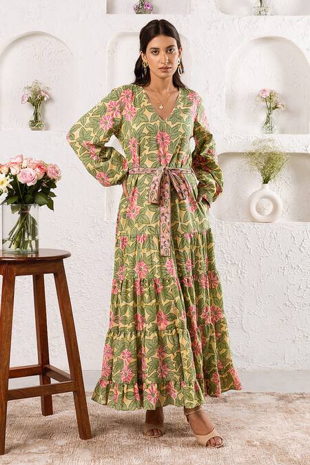 Rivaaj Clothing_Yellow Cotton Bloom Pattern Dress _Online_at_Aza_Fashions