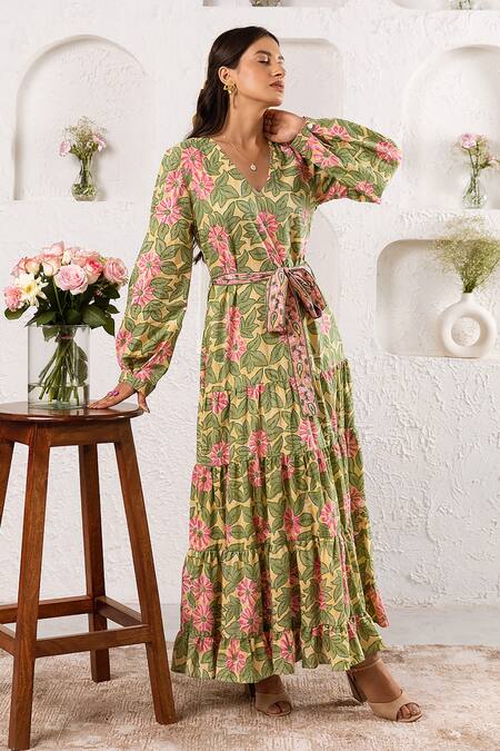 Buy_Rivaaj Clothing_Yellow Cotton Bloom Pattern Dress _Online_at_Aza_Fashions