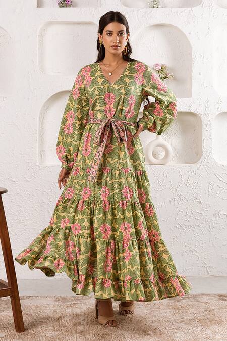 Shop_Rivaaj Clothing_Yellow Cotton Bloom Pattern Dress _Online_at_Aza_Fashions