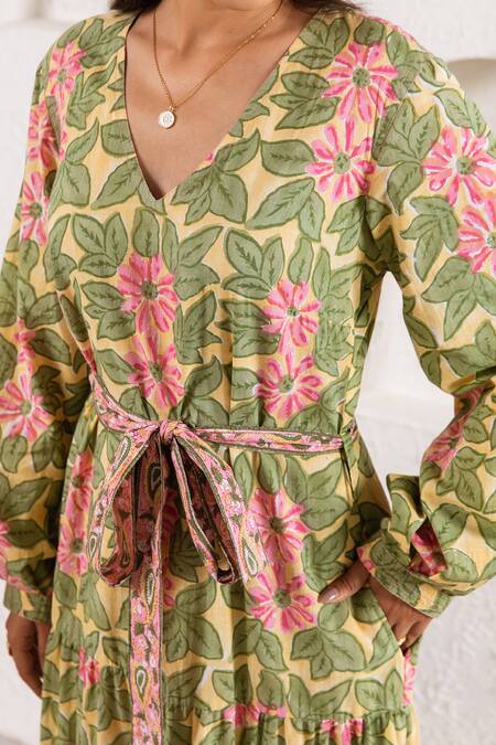 Rivaaj Clothing_Yellow Cotton Bloom Pattern Dress _at_Aza_Fashions