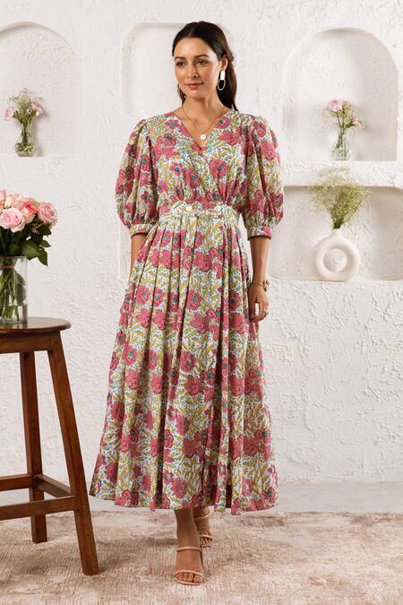 Rivaaj Clothing_Multi Color Cotton Floret Print Midi Dress _Online_at_Aza_Fashions