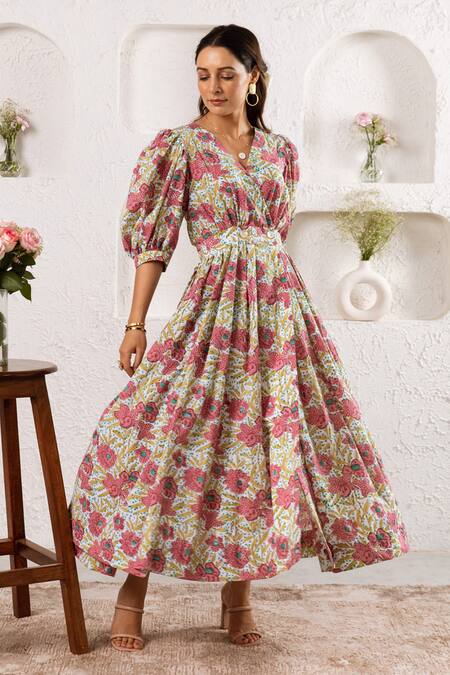 Buy_Rivaaj Clothing_Multi Color Cotton Floret Print Midi Dress _Online_at_Aza_Fashions