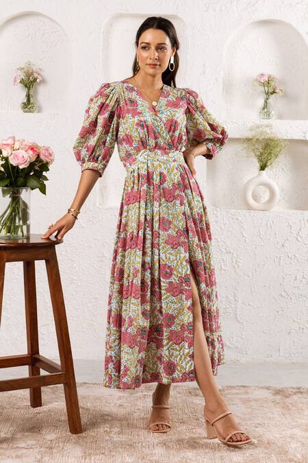 Shop_Rivaaj Clothing_Multi Color Cotton Floret Print Midi Dress _Online_at_Aza_Fashions