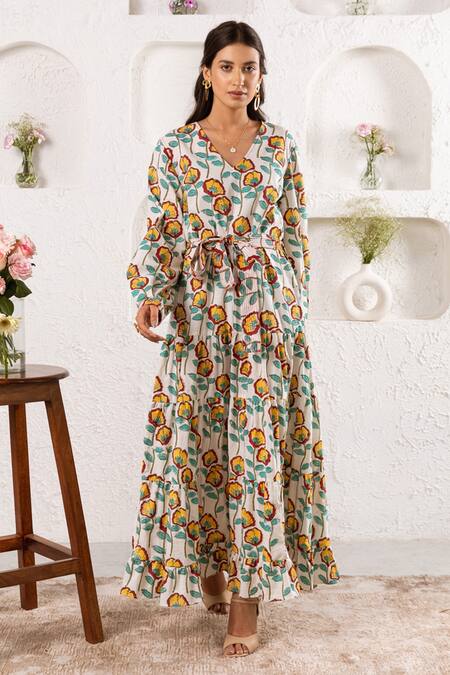 Rivaaj Clothing_White Cotton Botanic Pattern Maxi Dress _Online_at_Aza_Fashions