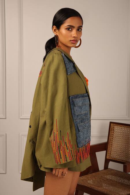Style Junkiie_Green Linen Embroidery, Patchwork Collared Contrast Jacket _Online_at_Aza_Fashions