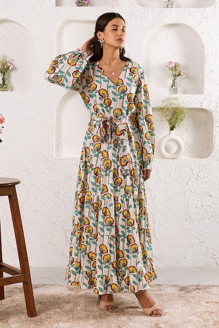 Buy_Rivaaj Clothing_White Cotton Botanic Pattern Maxi Dress _Online_at_Aza_Fashions