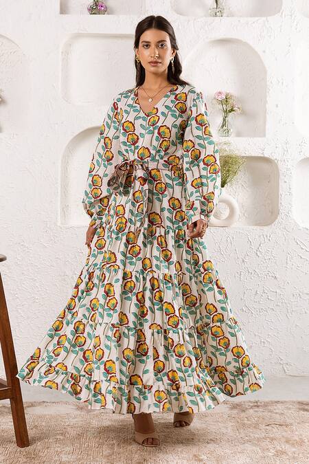 Shop_Rivaaj Clothing_White Cotton Botanic Pattern Maxi Dress _Online_at_Aza_Fashions