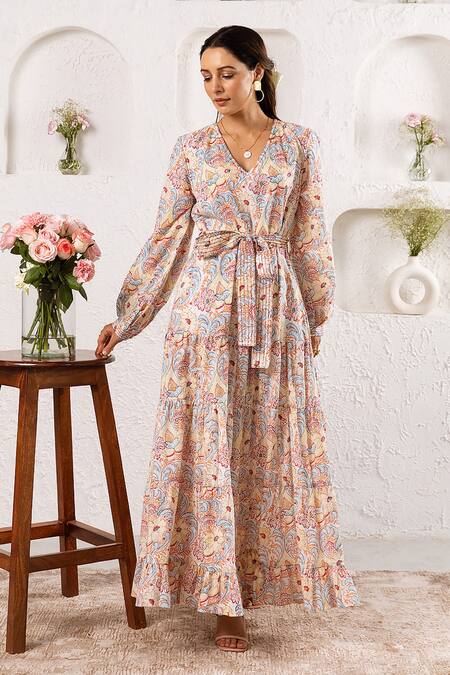 Rivaaj Clothing_White Cotton Frill Botanic Pattern Maxi Dress_Online_at_Aza_Fashions