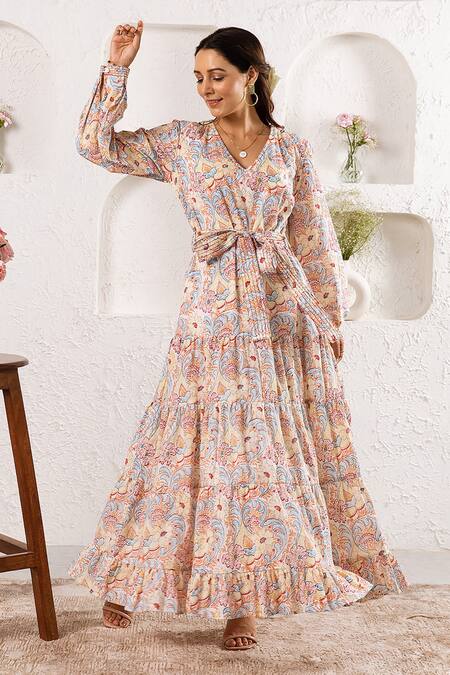 Buy_Rivaaj Clothing_White Cotton Frill Botanic Pattern Maxi Dress_Online_at_Aza_Fashions