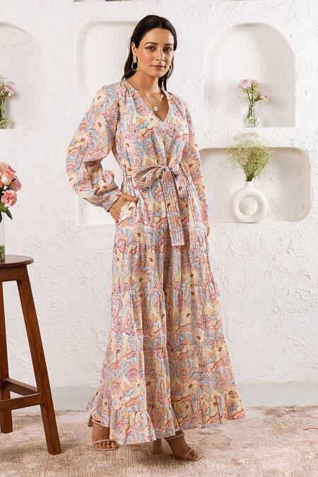 Shop_Rivaaj Clothing_White Cotton Frill Botanic Pattern Maxi Dress_Online_at_Aza_Fashions
