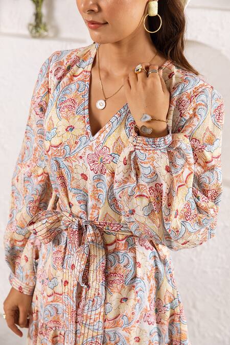 Rivaaj Clothing_White Cotton Frill Botanic Pattern Maxi Dress_at_Aza_Fashions