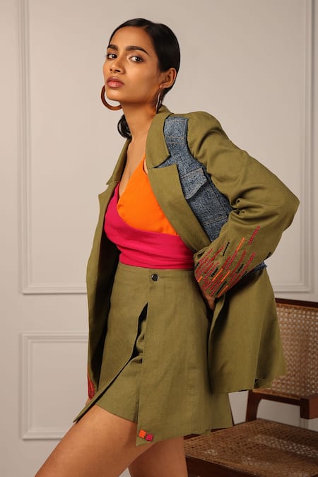 Buy_Style Junkiie_Green Linen Embroidery, Patchwork Collared Contrast Jacket _Online_at_Aza_Fashions
