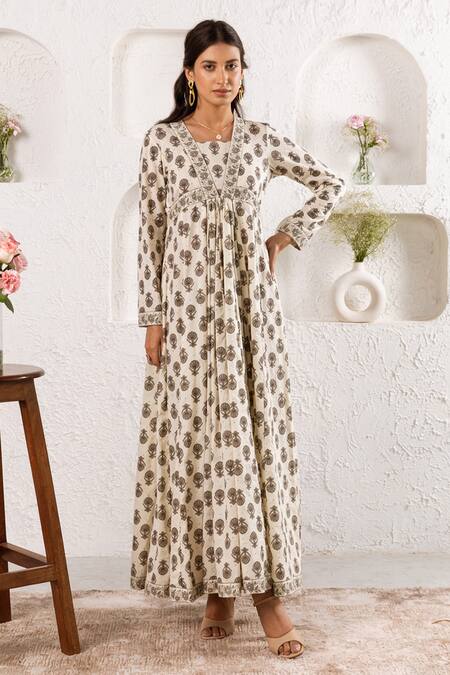 Rivaaj Clothing_Beige Floret Print Gathered Dress _Online_at_Aza_Fashions