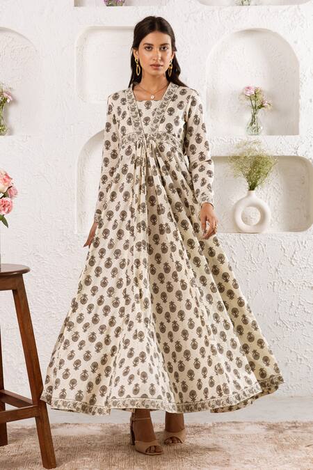 Buy_Rivaaj Clothing_Beige Floret Print Gathered Dress _Online_at_Aza_Fashions