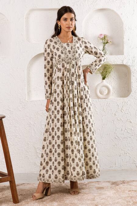 Shop_Rivaaj Clothing_Beige Floret Print Gathered Dress _Online_at_Aza_Fashions