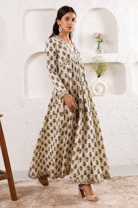 Rivaaj Clothing_Beige Floret Print Gathered Dress _at_Aza_Fashions