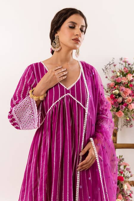 Rivaaj Clothing_Purple Cotton, Net Embroidery, Mirrors V-neck Geometric Anarkali Palazzo Set_at_Aza_Fashions